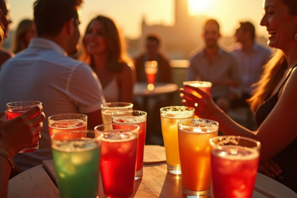 Group of adults sitting on a patio at sunset with colorful drinks on the table