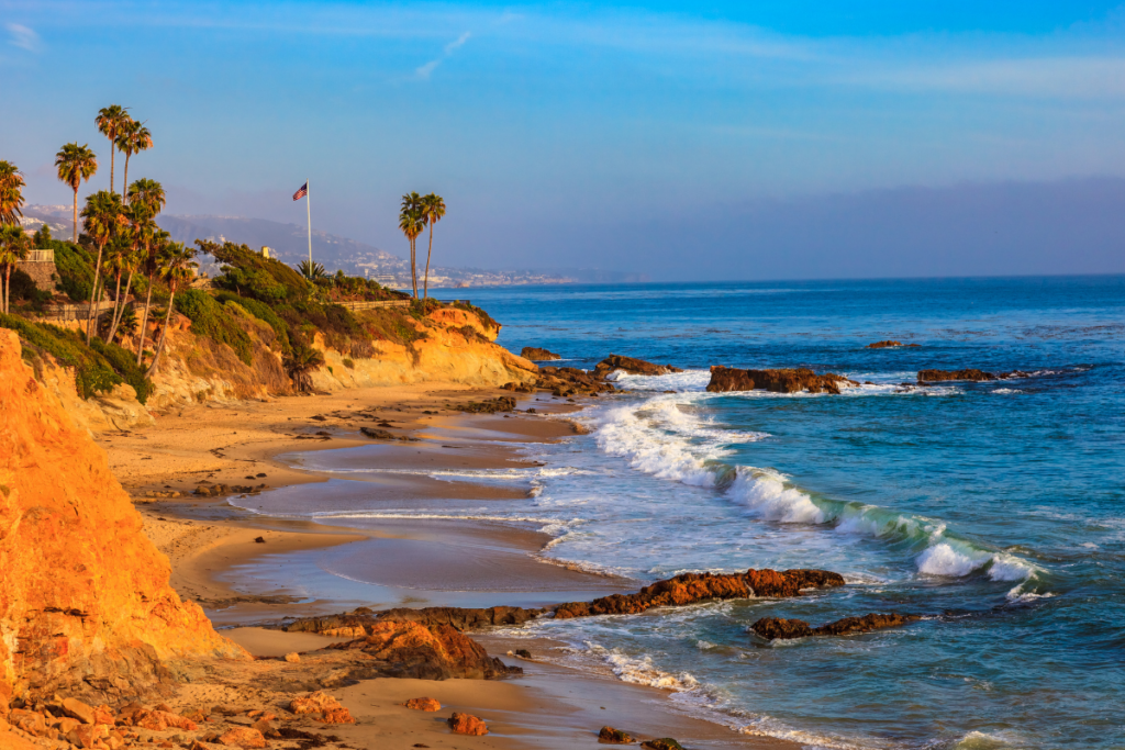 Laguna Beach coastline with waves, cliffs, palm trees, and golden sunlight