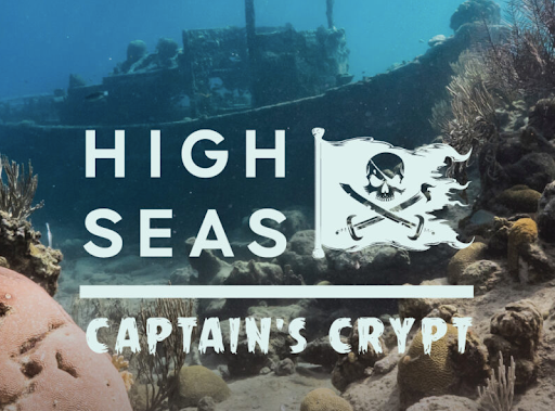 High Seas Captain’s Crypt Halloween graphic with a sunken ship, coral reef, and pirate flag
